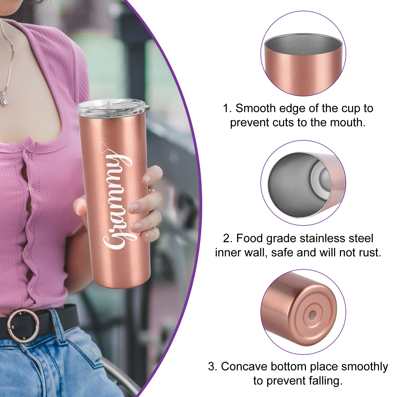 Qtencas Mothers Day Gifts for Grandma, Grammy Stainless Steel Insulated Skinny Tumbler, New Grandma Gifts Gigi Mimi Christmas Gifts for Grandma to be Grammy Nana from Grandchildren(20oz, Rose Gold)