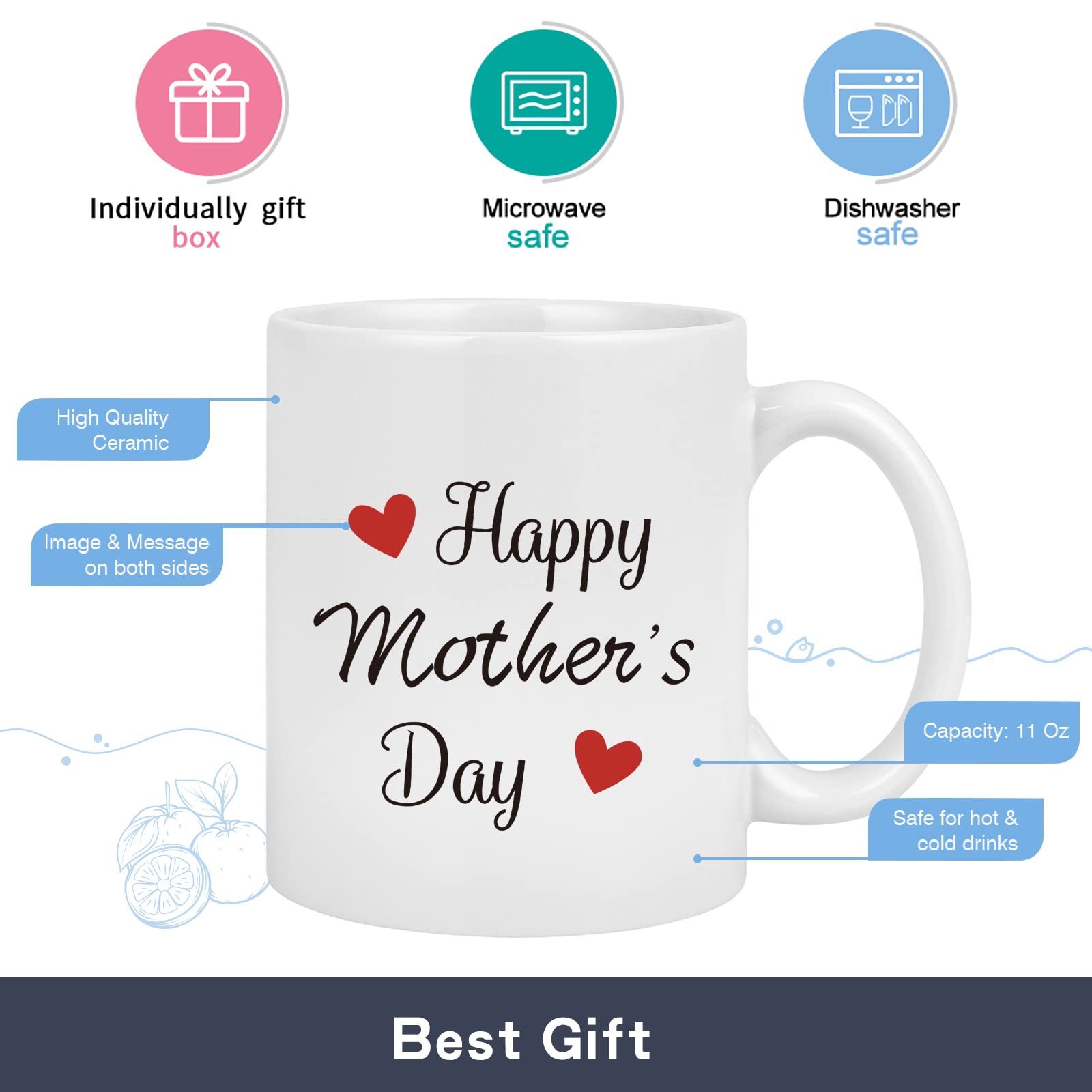 Cabtnca Happy Mother's Day Mug, Mothers Day Gifts for Mom Grandma, Mom Gifts from Daughter Son, Mom Gift, Grandma Mom Mug, Bonus Mom Mother in Law New Mom Aunt Sis Mothers Day Gifts, 11Oz