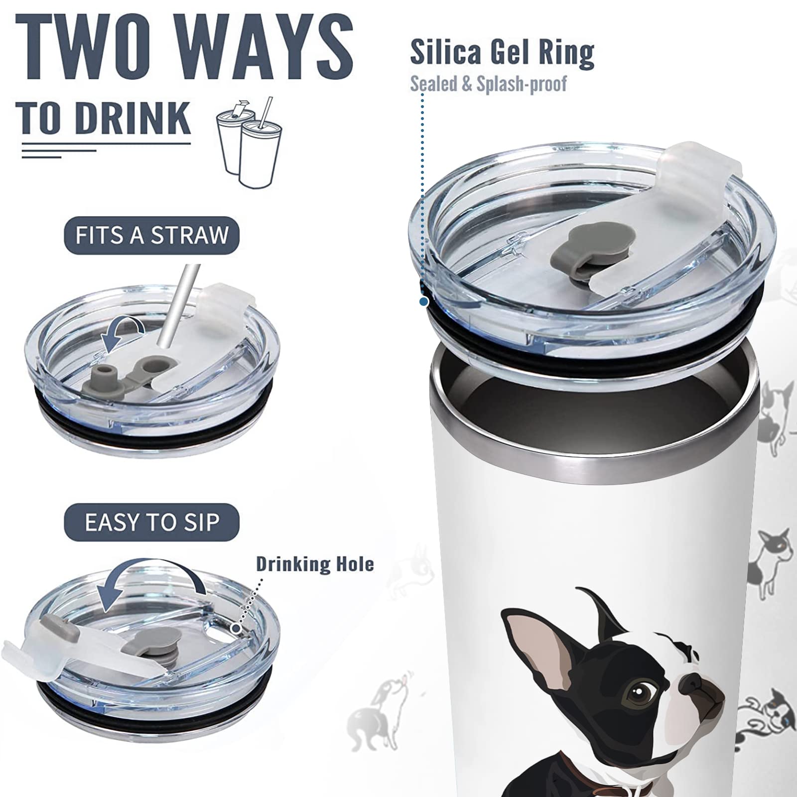 Boston Terrier Stainless Steel Tumbler with Lid 20oz Funny Bulldog Vacuum Insulated Tumbler Ideal Gifts to Dog Mom, Dad, Kids, Water Coffee Cup Travel Mug Home Office Outdoor Mug