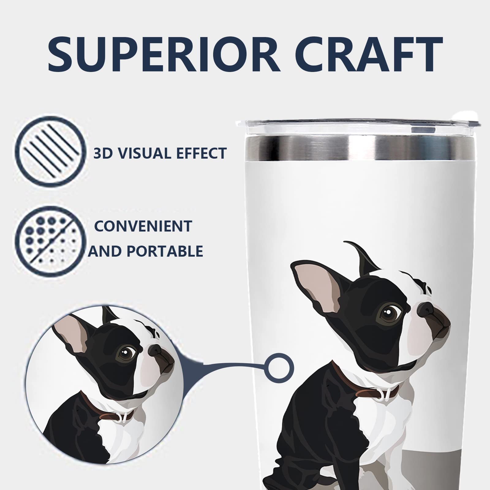 Boston Terrier Stainless Steel Tumbler with Lid 20oz Funny Bulldog Vacuum Insulated Tumbler Ideal Gifts to Dog Mom, Dad, Kids, Water Coffee Cup Travel Mug Home Office Outdoor Mug