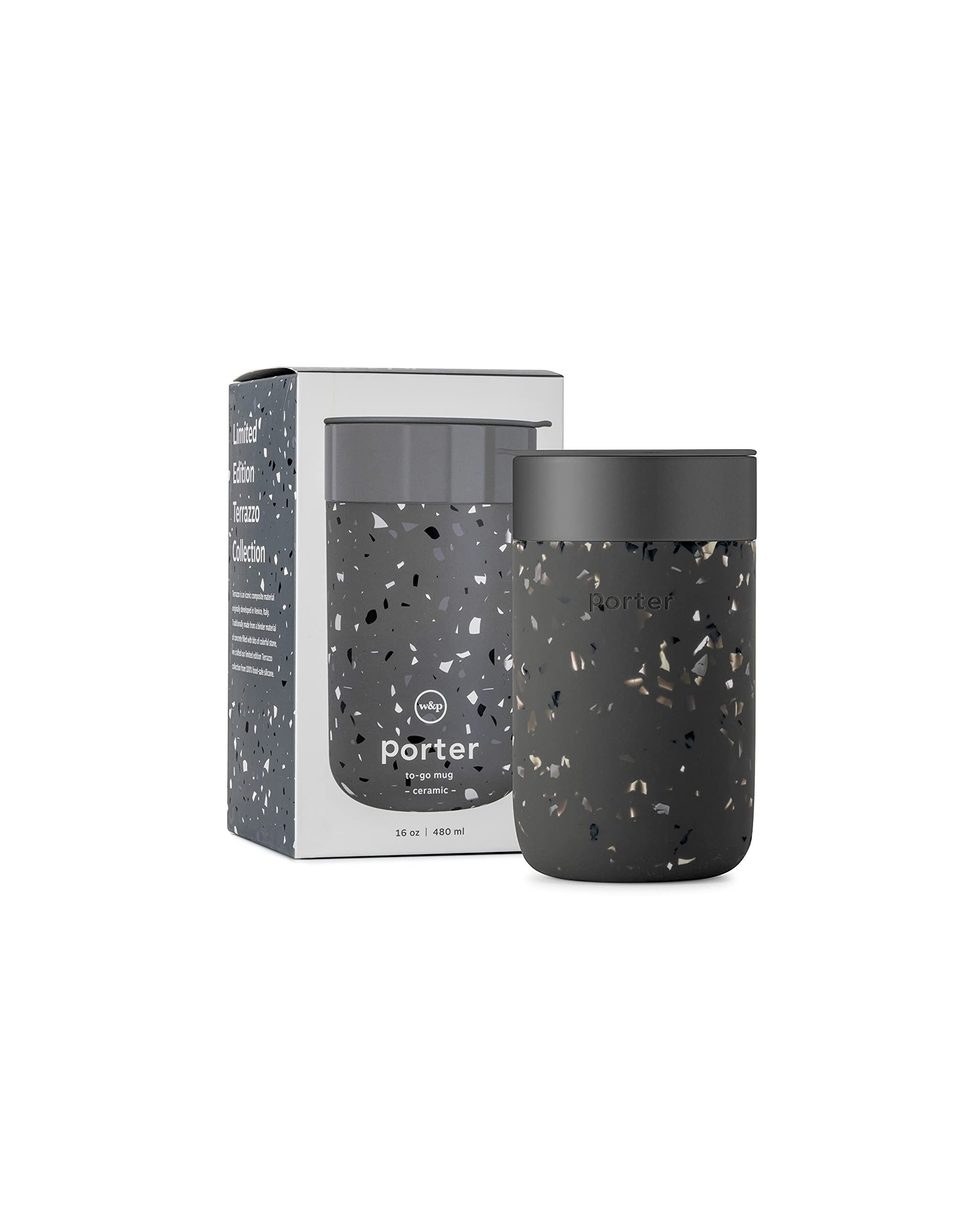 W&P Porter Ceramic Mug w/ Protective Silicone Sleeve, Terrazzo Charcoal 16 Ounces | On-the-Go | Reusable Cup for Coffee or Tea | Portable | Dishwasher Safe