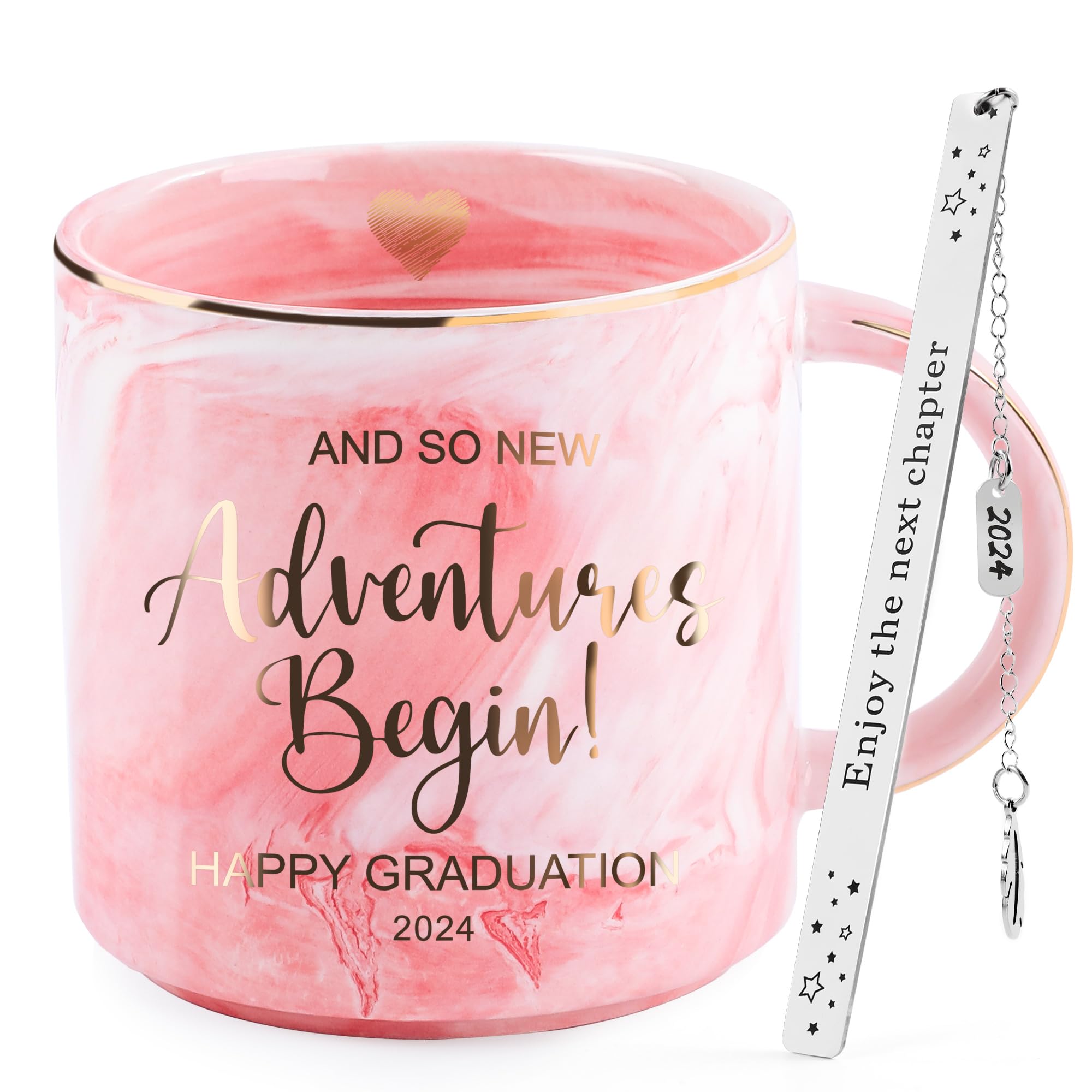 Komiikka Happy Graduation Coffee Mug, Graduation Gifts for Her 2024 for Graduating College School Friends Girlfriends Graduate Students (Pink Marbled, 13OZ)