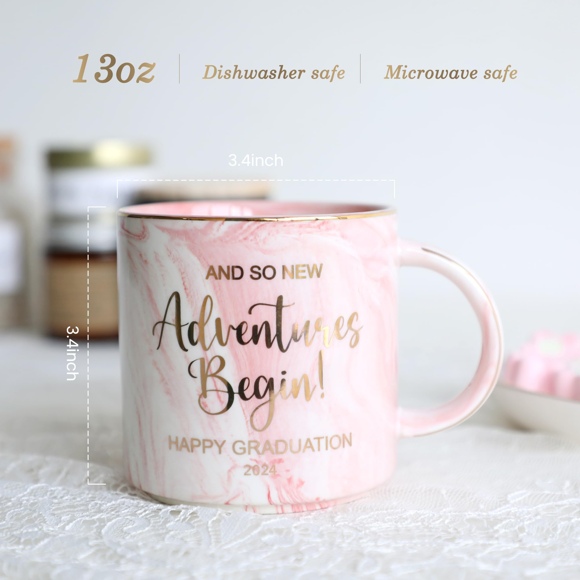 Komiikka Happy Graduation Coffee Mug, Graduation Gifts for Her 2024 for Graduating College School Friends Girlfriends Graduate Students (Pink Marbled, 13OZ)