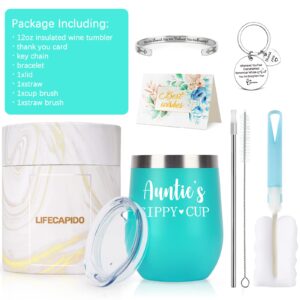 Lifecapido Aunt Gift, Auntie's Sippy Cup 12oz Wine Tumbler with Lid, Auntie Gifts Set from Niece Nephew, Mother's Day Gift Birthday Gift Christmas Gift for Women Aunt Auntie, Aqua Blue