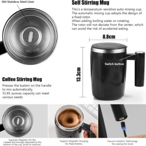 FCSWEET Self Stirring Mug,Rechargeable Auto Magnetic Coffee Mug with 2Pc Stir Bar,Waterproof Automatic Mixing Cup for Milk/Cocoa at Office/Kitchen/Travel 14oz Best Gift - Black