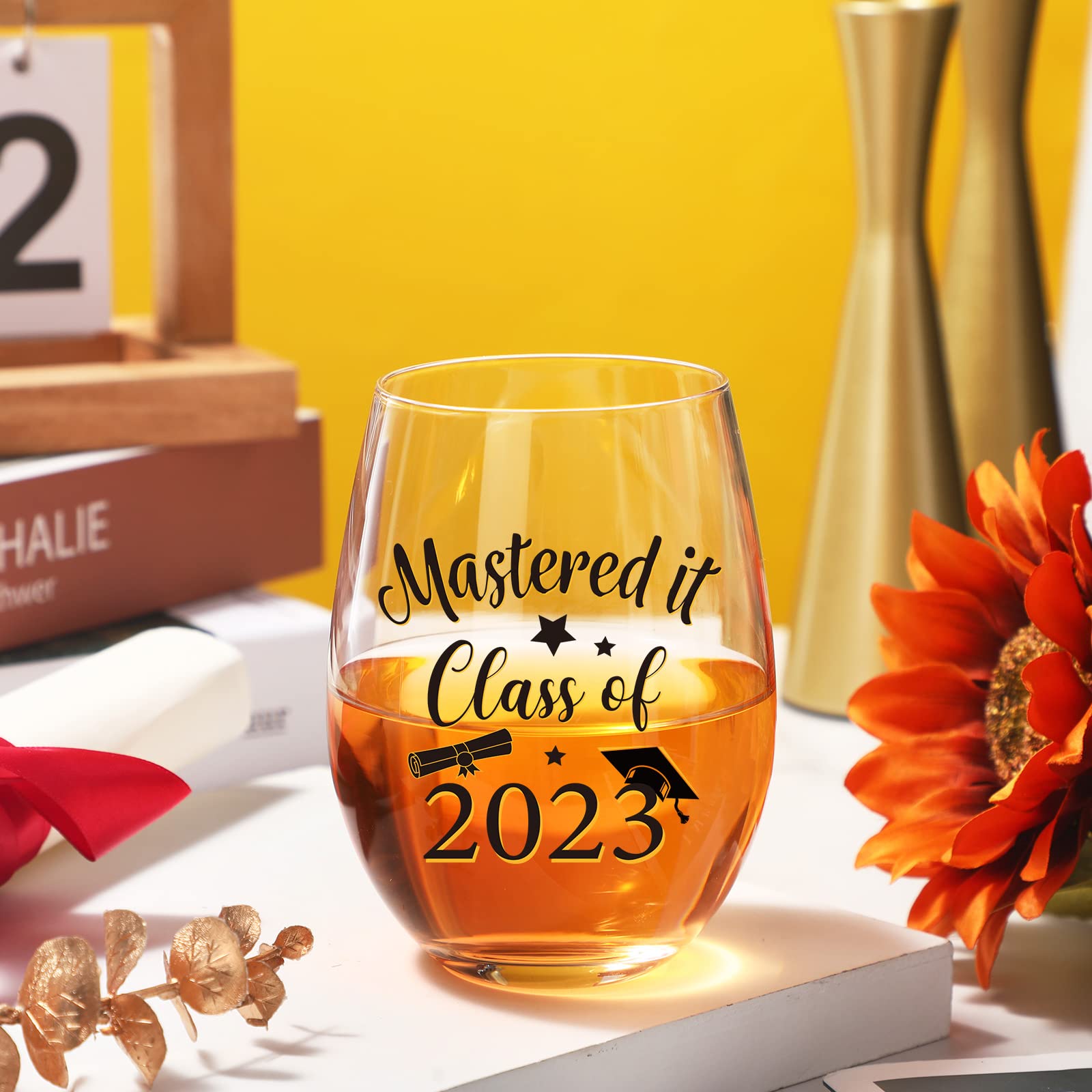 Mastered It Class of 2023 Graduation Wine Glass Graduation Inspirational Gifts 17 oz Stemless Wine Glass for Him Her High School University Graduate College Grad Mastering Degree