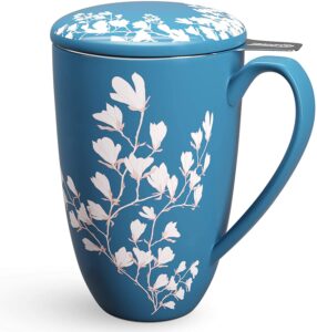 immaculife tea cup with infuser and lid - tea mug with lid for steeping loose leaf tea bag coffee milk women office home gift 16oz navy flower