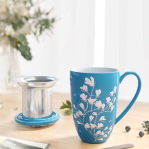 immaculife Tea Cup with Infuser and Lid - Tea Mug with Lid for Steeping Loose Leaf Tea Bag Coffee Milk Women Office Home Gift 16oz Navy Flower