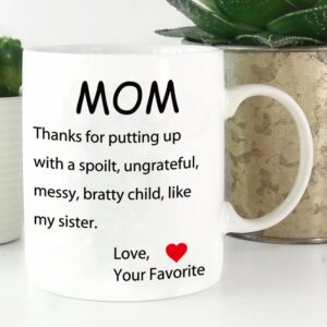 AMRIU Mothers Day Gifts Funny Coffee Mug for Mom, Dear Mom, I'm Your Favorite Child Coffee Mug, Best Birthday Gift Cup from Daughter or Son, White 11 Oz