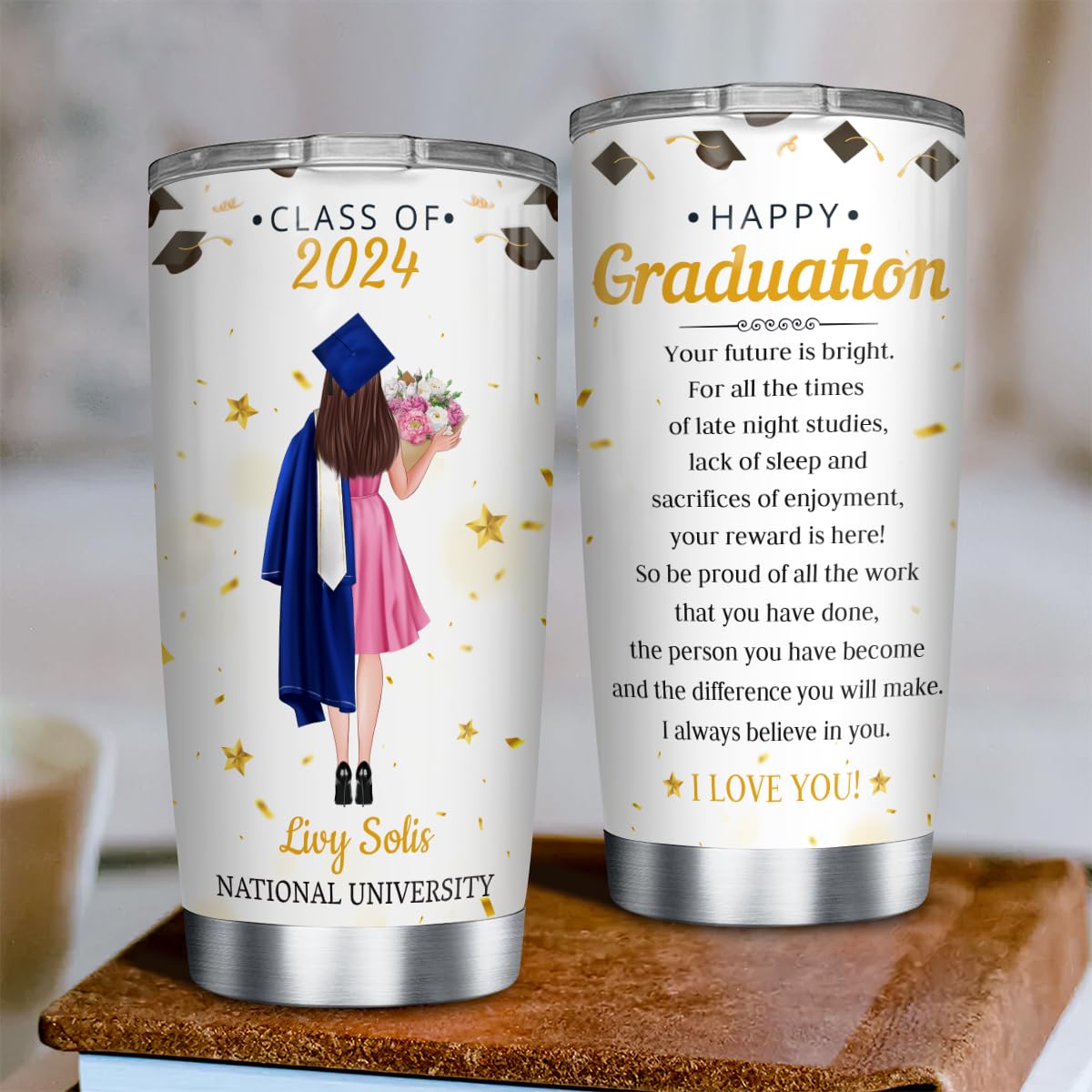 wowcugi Personalized Graduation Tumbler Class Of 2024 Custom Cups with Lid 20oz 30oz Travel Mugs Happy Graduation Gifts for Her Women Daughter Sisters Best Friends