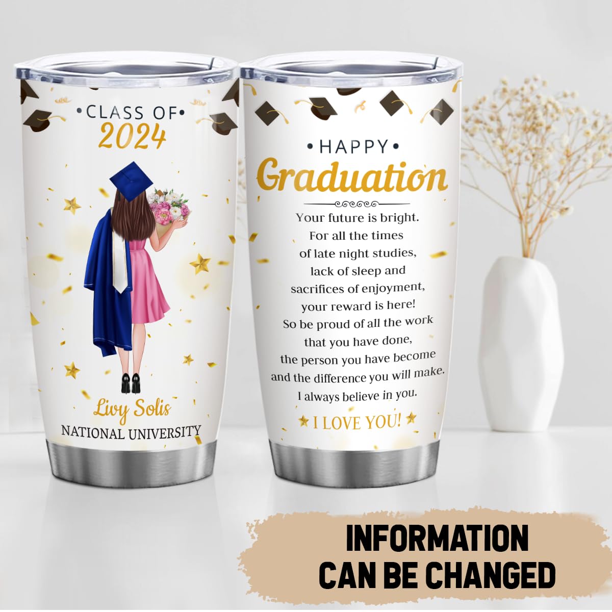 wowcugi Personalized Graduation Tumbler Class Of 2024 Custom Cups with Lid 20oz 30oz Travel Mugs Happy Graduation Gifts for Her Women Daughter Sisters Best Friends
