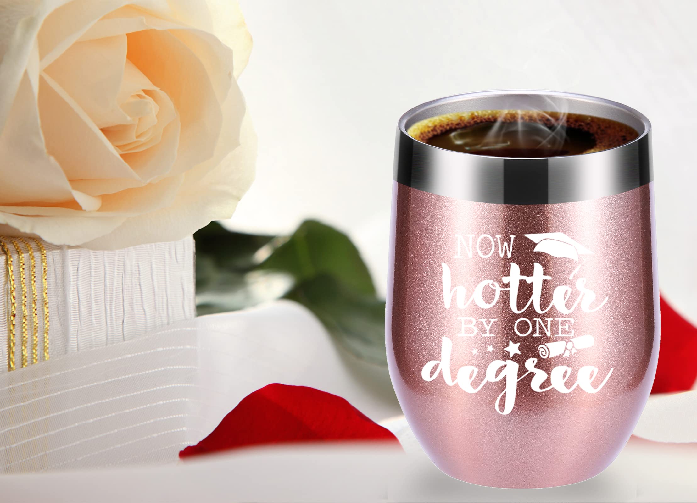 momocici Now Hotter by One Degree 12 OZ Wine Tumbler.Graduation Gifts. Gift for College and High School Graduates.College Grad Masters Degree Gifts for Men Women Mug(Rose Gold)