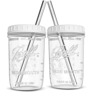 reusable wide mouth smoothie cups boba tea bubble with lids and silver straws mason jars glass (2-pack, 16 oz mason jars)