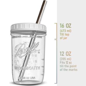 Reusable Wide Mouth Smoothie Cups Boba Tea Bubble with Lids and Silver Straws Mason Jars Glass (2-pack, 16 oz mason jars)