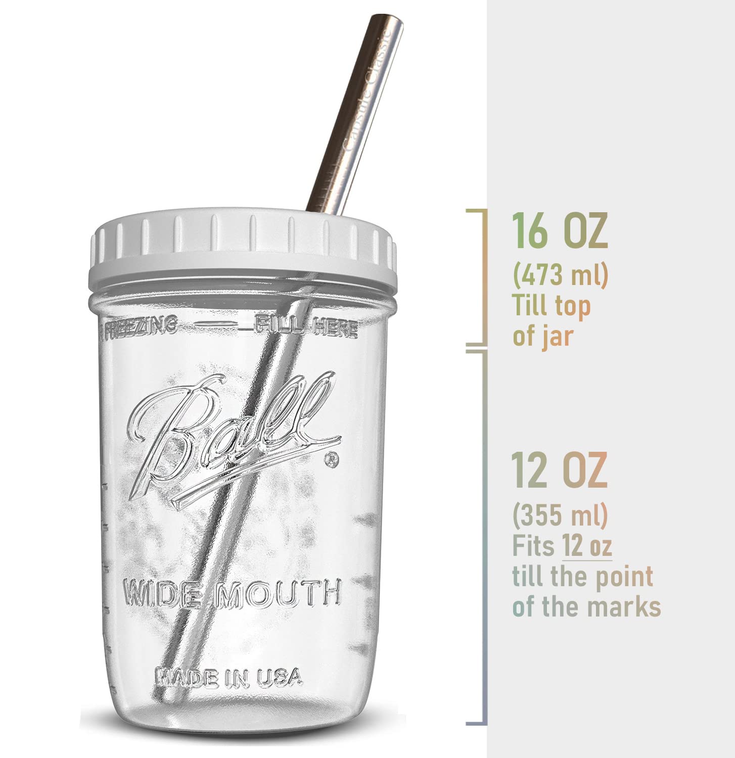 Reusable Wide Mouth Smoothie Cups Boba Tea Bubble with Lids and Silver Straws Mason Jars Glass (2-pack, 16 oz mason jars)