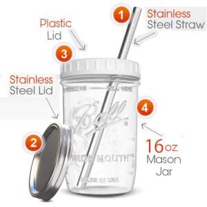 Reusable Wide Mouth Smoothie Cups Boba Tea Bubble with Lids and Silver Straws Mason Jars Glass (2-pack, 16 oz mason jars)