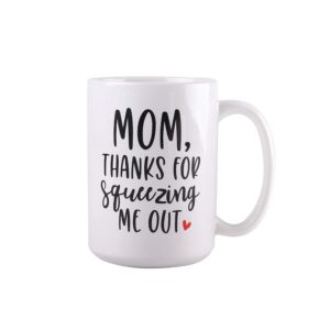 blue ribbon mothers day gifts, coffee mug, mom thanks for squeezing me out, funny coffee mug in decorative gift box with foam, gifts for moms, 15 oz