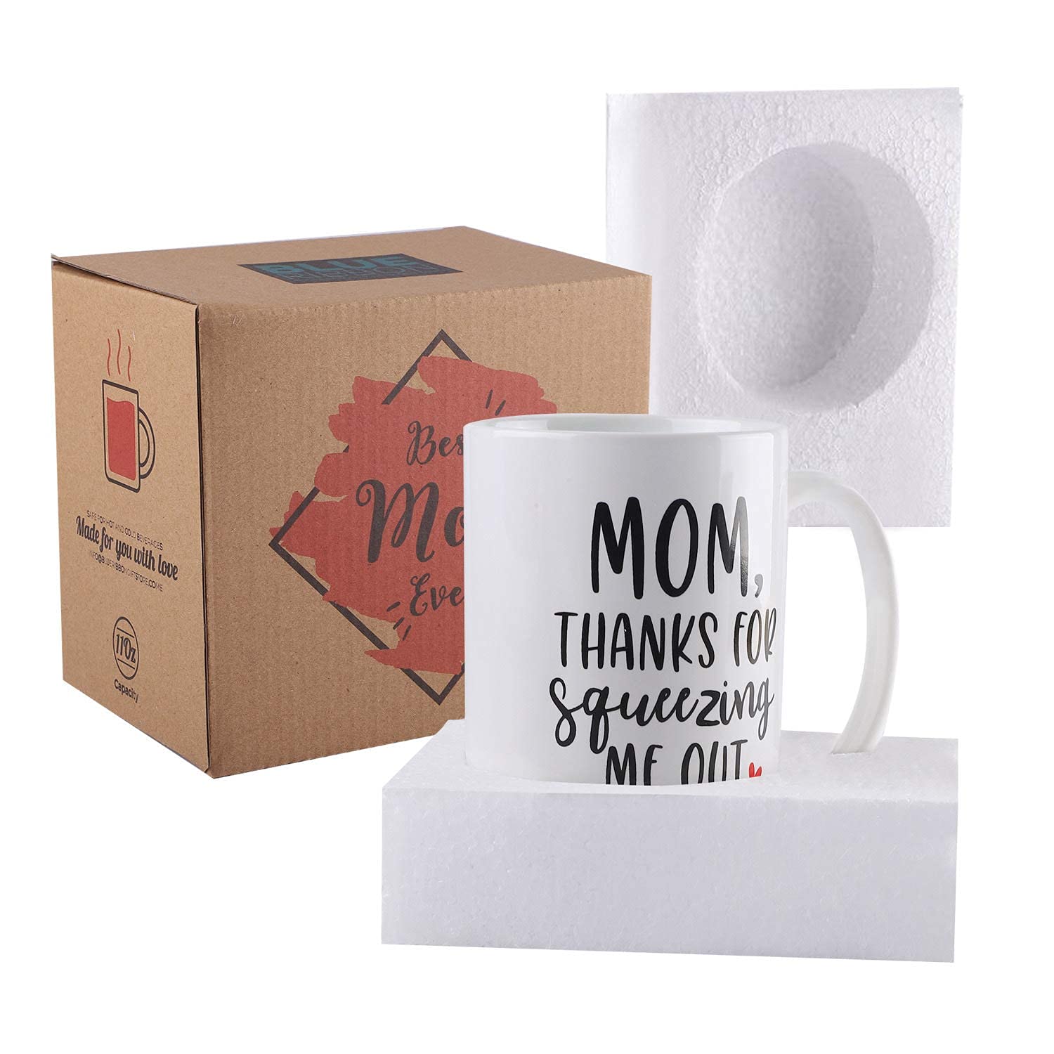 BLUE RIBBON Mothers Day Gifts, Coffee Mug, MOM Thanks For Squeezing Me Out, Funny Coffee Mug in Decorative Gift Box with Foam, Gifts for Moms, 15 oz