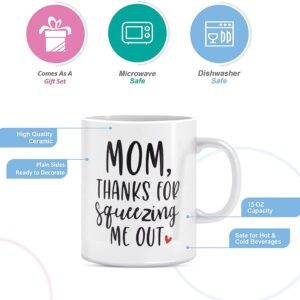 BLUE RIBBON Mothers Day Gifts, Coffee Mug, MOM Thanks For Squeezing Me Out, Funny Coffee Mug in Decorative Gift Box with Foam, Gifts for Moms, 15 oz