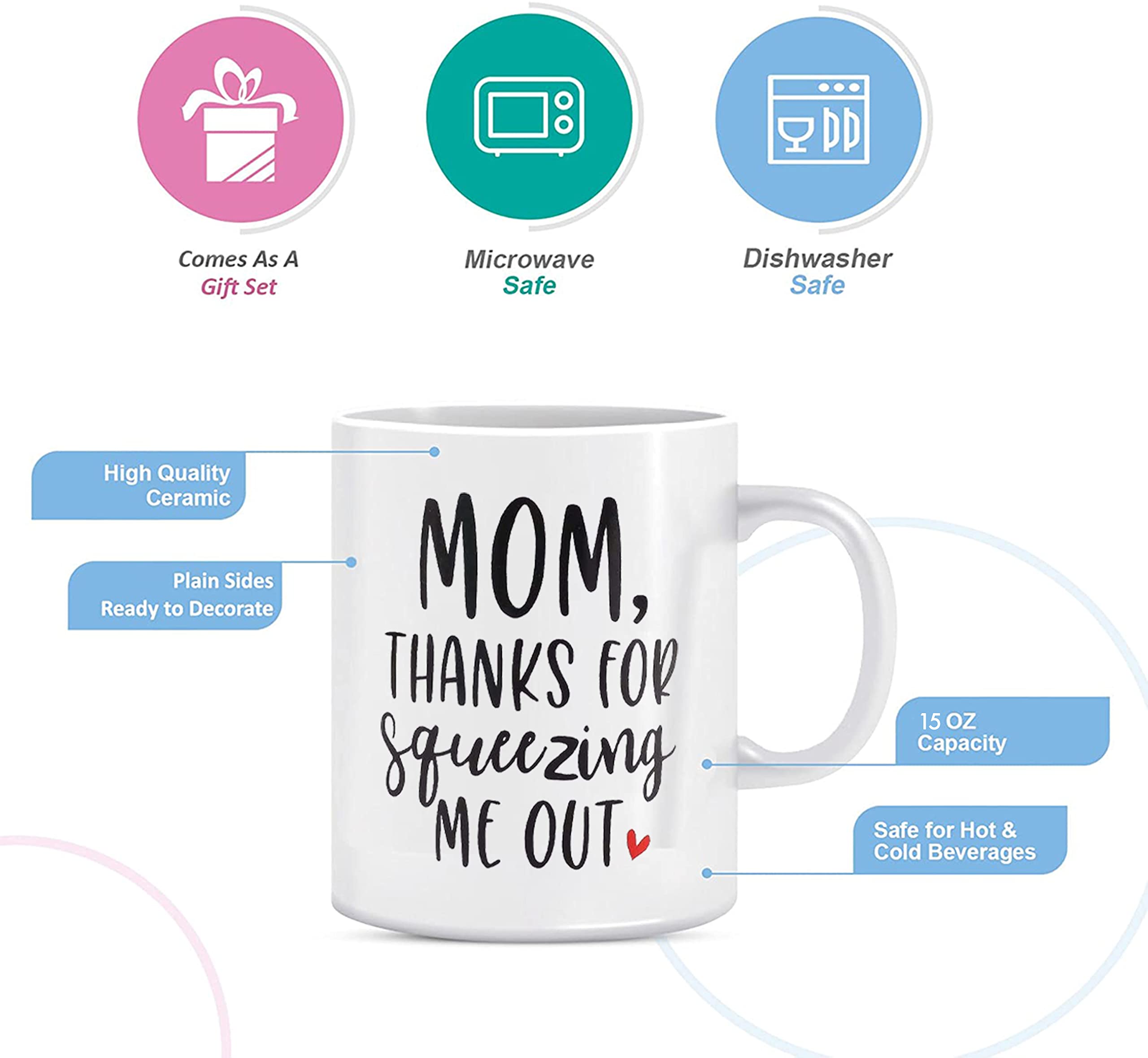 BLUE RIBBON Mothers Day Gifts, Coffee Mug, MOM Thanks For Squeezing Me Out, Funny Coffee Mug in Decorative Gift Box with Foam, Gifts for Moms, 15 oz