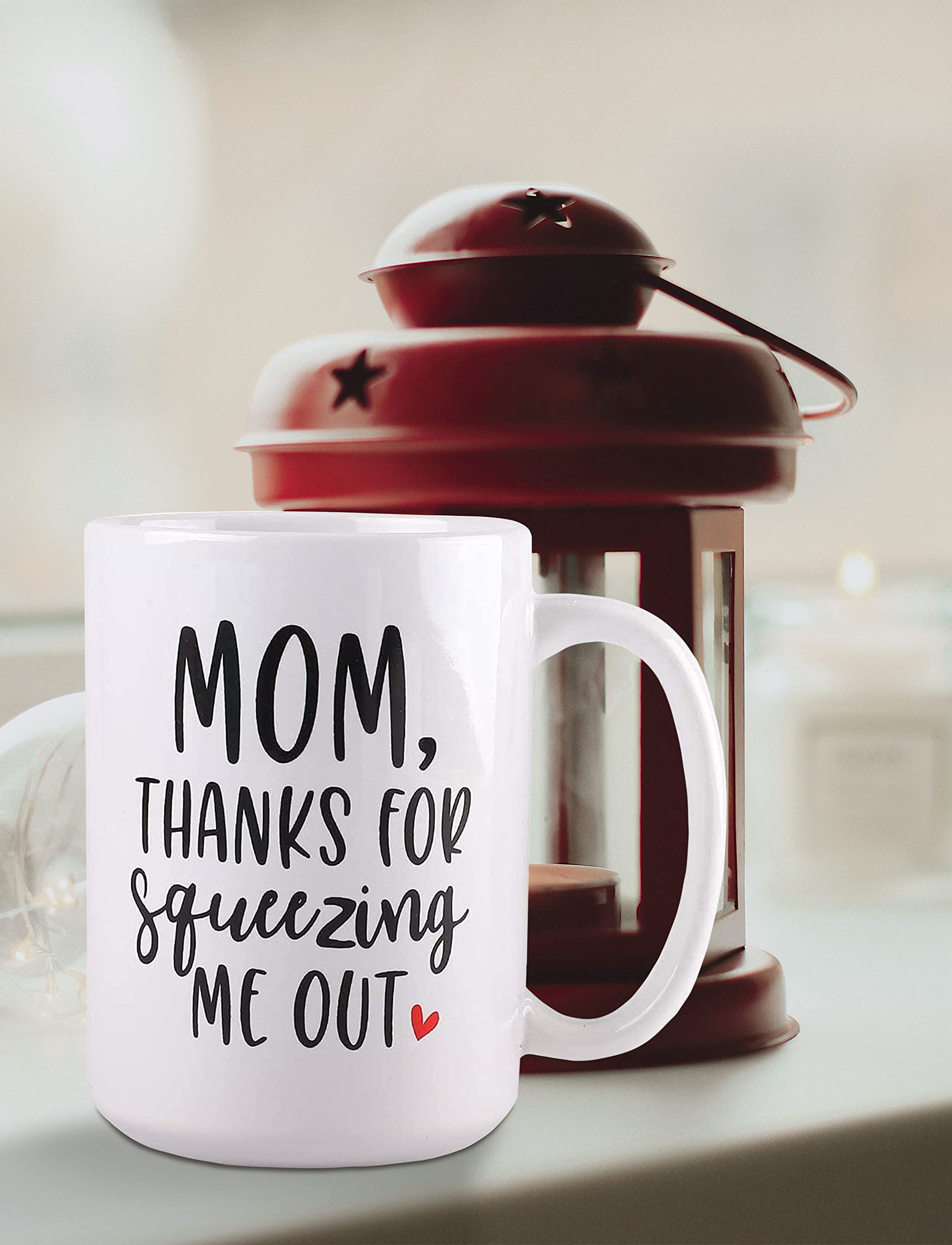 BLUE RIBBON Mothers Day Gifts, Coffee Mug, MOM Thanks For Squeezing Me Out, Funny Coffee Mug in Decorative Gift Box with Foam, Gifts for Moms, 15 oz