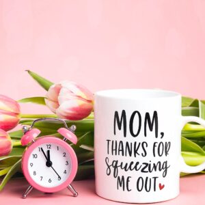 BLUE RIBBON Mothers Day Gifts, Coffee Mug, MOM Thanks For Squeezing Me Out, Funny Coffee Mug in Decorative Gift Box with Foam, Gifts for Moms, 15 oz