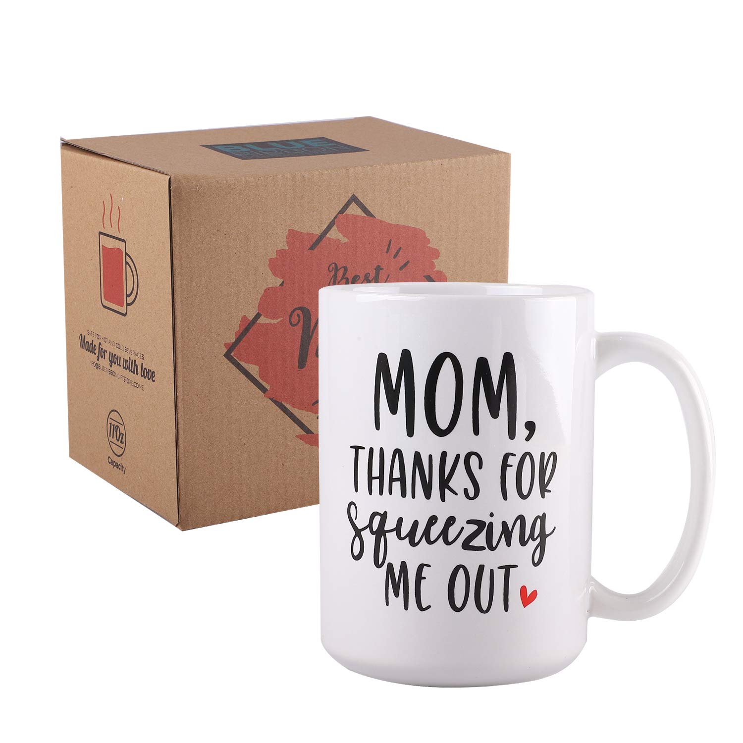 BLUE RIBBON Mothers Day Gifts, Coffee Mug, MOM Thanks For Squeezing Me Out, Funny Coffee Mug in Decorative Gift Box with Foam, Gifts for Moms, 15 oz