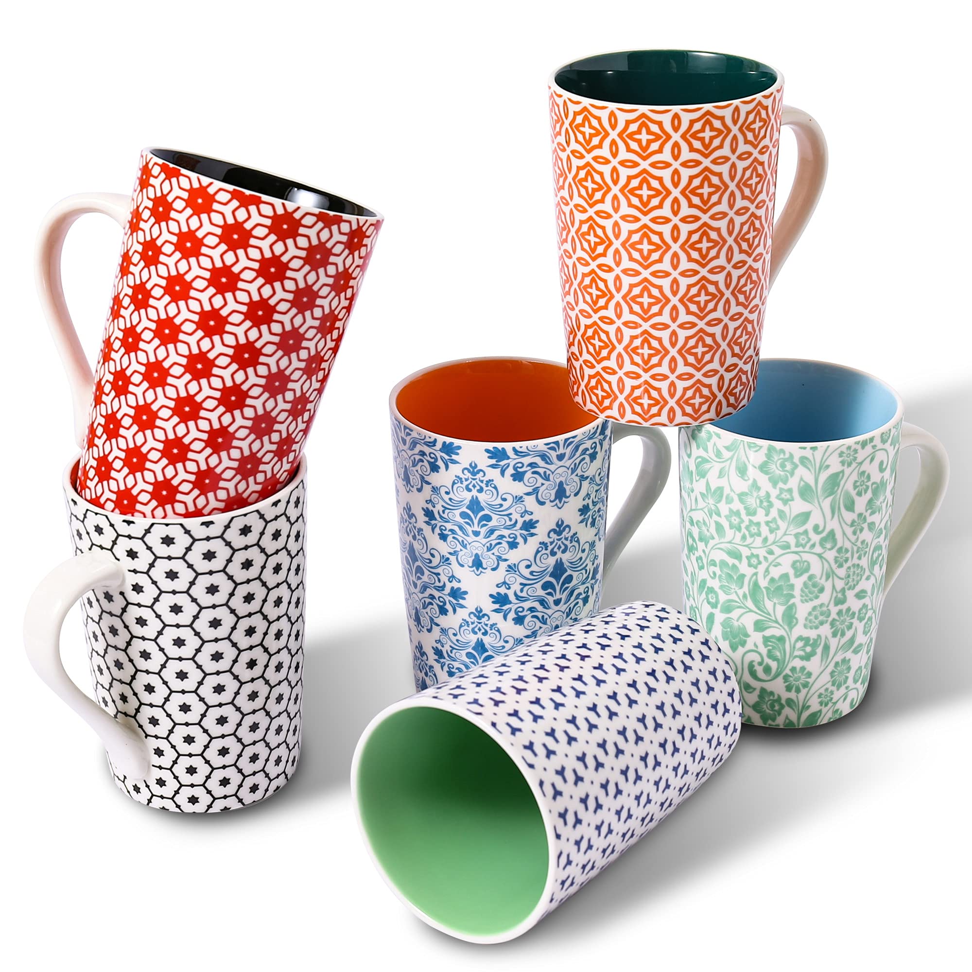 WEUNUM Coffee Mugs, Set of 6,Modern Colorful 14 Oz Cute Porcelain Mugs/Cups with Large Handle,for Tea,Latte,Cappuccino,Milk,Cocoa, Coffee Cups for Women Men, Vibrant Colors