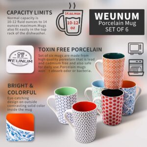 WEUNUM Coffee Mugs, Set of 6,Modern Colorful 14 Oz Cute Porcelain Mugs/Cups with Large Handle,for Tea,Latte,Cappuccino,Milk,Cocoa, Coffee Cups for Women Men, Vibrant Colors