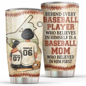 qdartstore personalized baseball mom and son tumbler behind every baseball player who believes in himself mother's day gift for mom mother baseball lover from son daughter on mother's day birthday