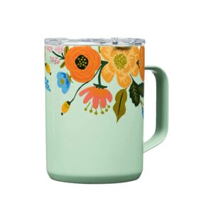 corkcicle paper rifle co. coffee mug, insulated travel coffee cup with lid, stainless steel, spill proof for coffee, tea, and hot cocoa, mint lively floral, 16 oz