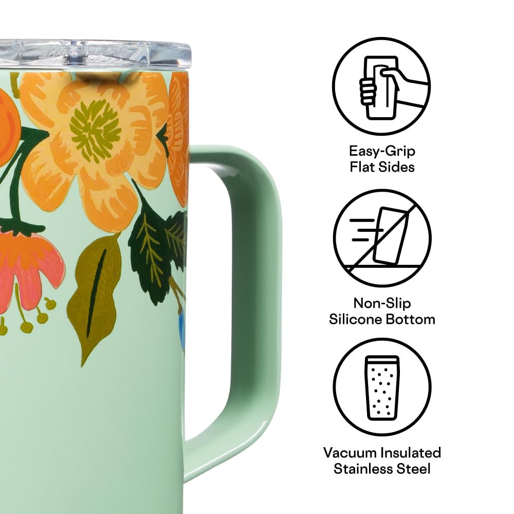 Corkcicle Paper Rifle Co. Coffee Mug, Insulated Travel Coffee Cup with Lid, Stainless Steel, Spill Proof for Coffee, Tea, and Hot Cocoa, Mint Lively Floral, 16 oz