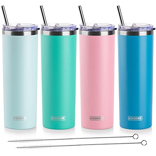 koodee 20 oz Stainless Steel Skinny Tumbler(4 Pack) Double Wall Insulated Water Tumbler Cup with Lids, Straws and Straw Brushe（Baby Blue/Pink/Sky Blue/Teal）