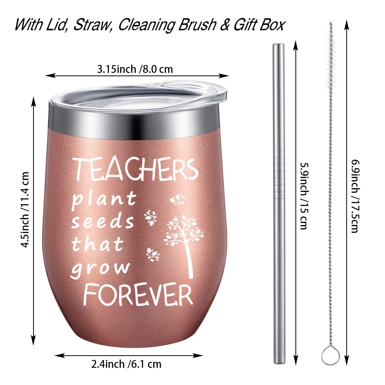 Boao 4 Pieces Teacher Gifts Wine Tumbler Set Teacher Appreciation Gifts, Funny Thank You Birthday Graduation Christmas Gifts for Teachers Professors, 12oz Coffee Mug with Lid Straw (Rose Gold)