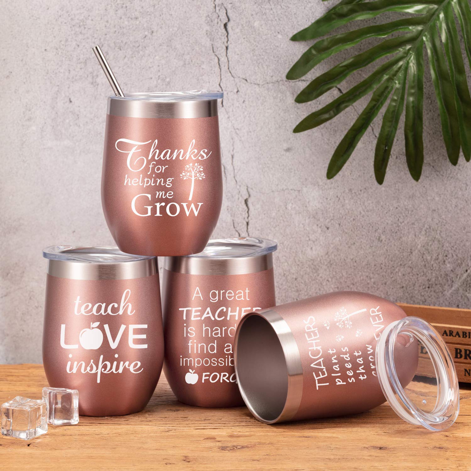 Boao 4 Pieces Teacher Gifts Wine Tumbler Set Teacher Appreciation Gifts, Funny Thank You Birthday Graduation Christmas Gifts for Teachers Professors, 12oz Coffee Mug with Lid Straw (Rose Gold)