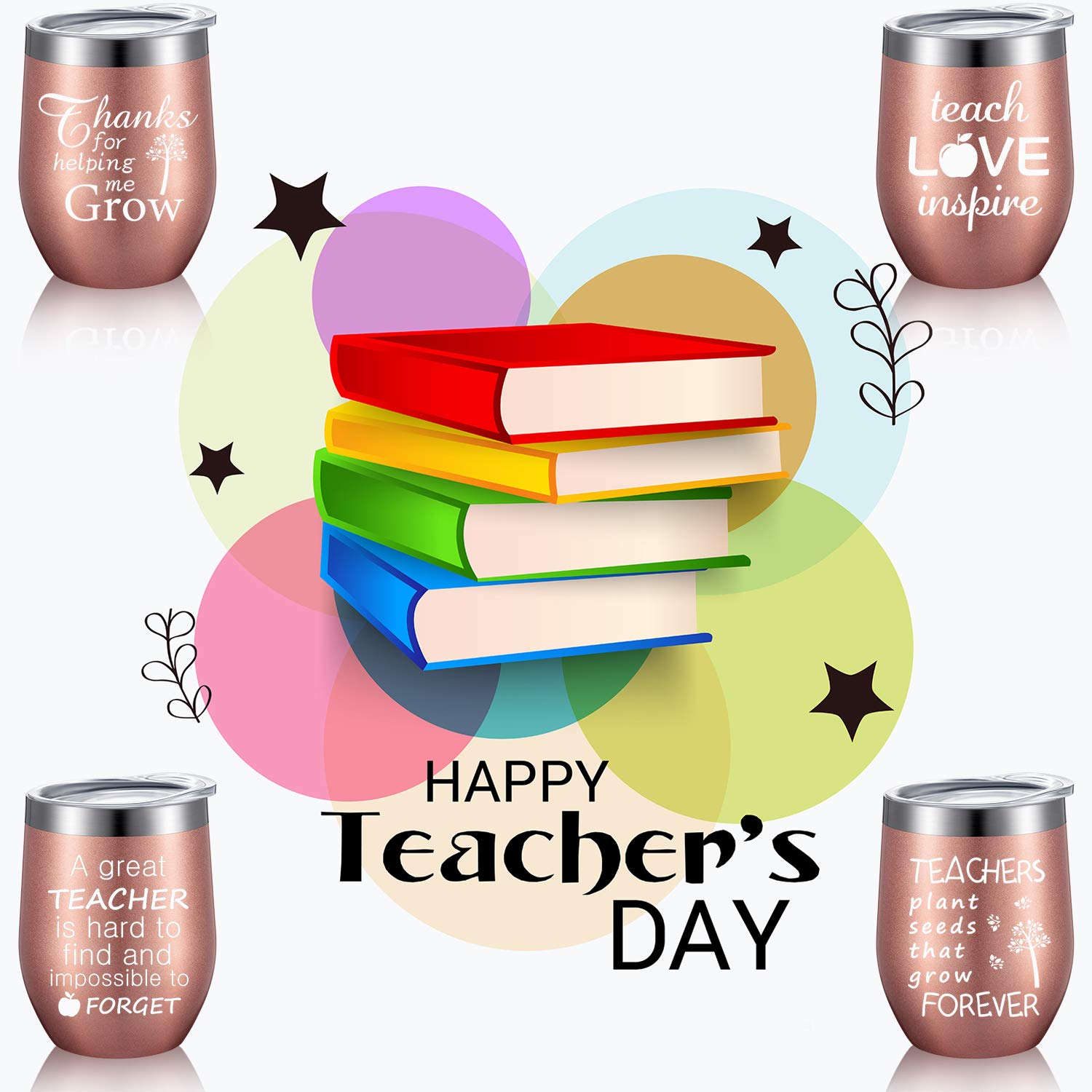 Boao 4 Pieces Teacher Gifts Wine Tumbler Set Teacher Appreciation Gifts, Funny Thank You Birthday Graduation Christmas Gifts for Teachers Professors, 12oz Coffee Mug with Lid Straw (Rose Gold)