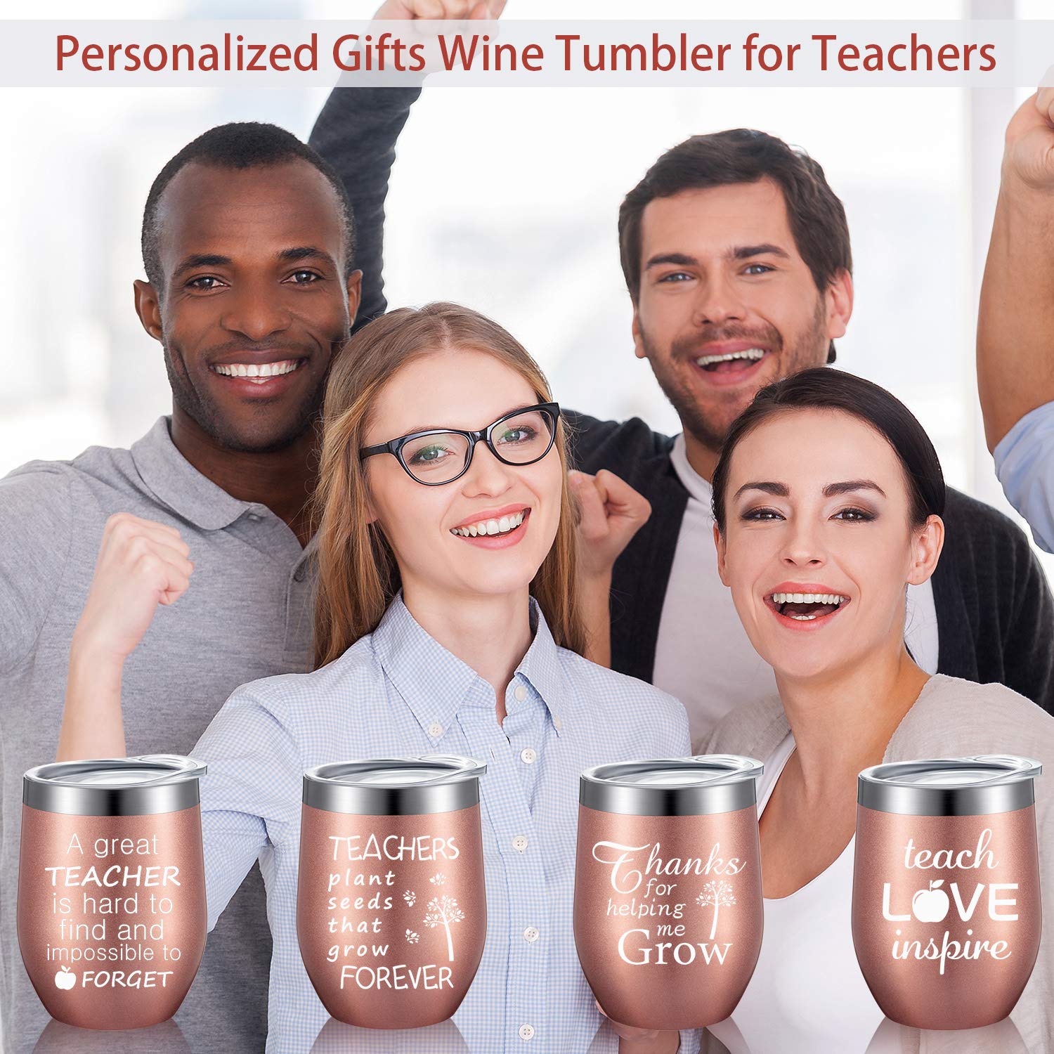 Boao 4 Pieces Teacher Gifts Wine Tumbler Set Teacher Appreciation Gifts, Funny Thank You Birthday Graduation Christmas Gifts for Teachers Professors, 12oz Coffee Mug with Lid Straw (Rose Gold)