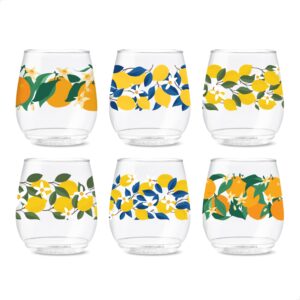 tossware pop 14oz vino citrus series, set of 6, premium quality, recyclable, unbreakable & crystal clear plastic wine glasses