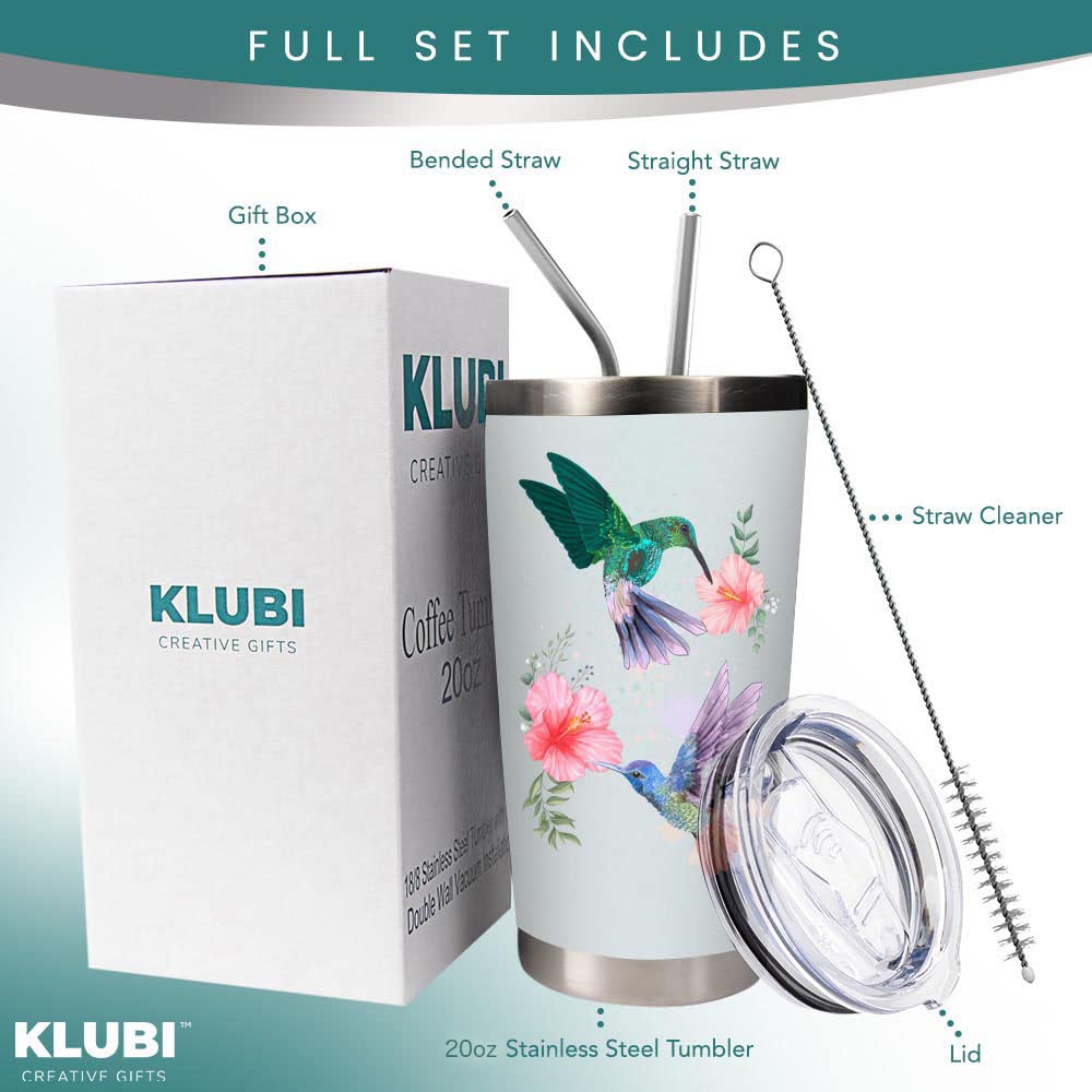KLUBI Hummingbird Gifts for Women - Large 20oz Tumbler Mug for Coffee or Any Drink - Cute Idea for Bird Lovers