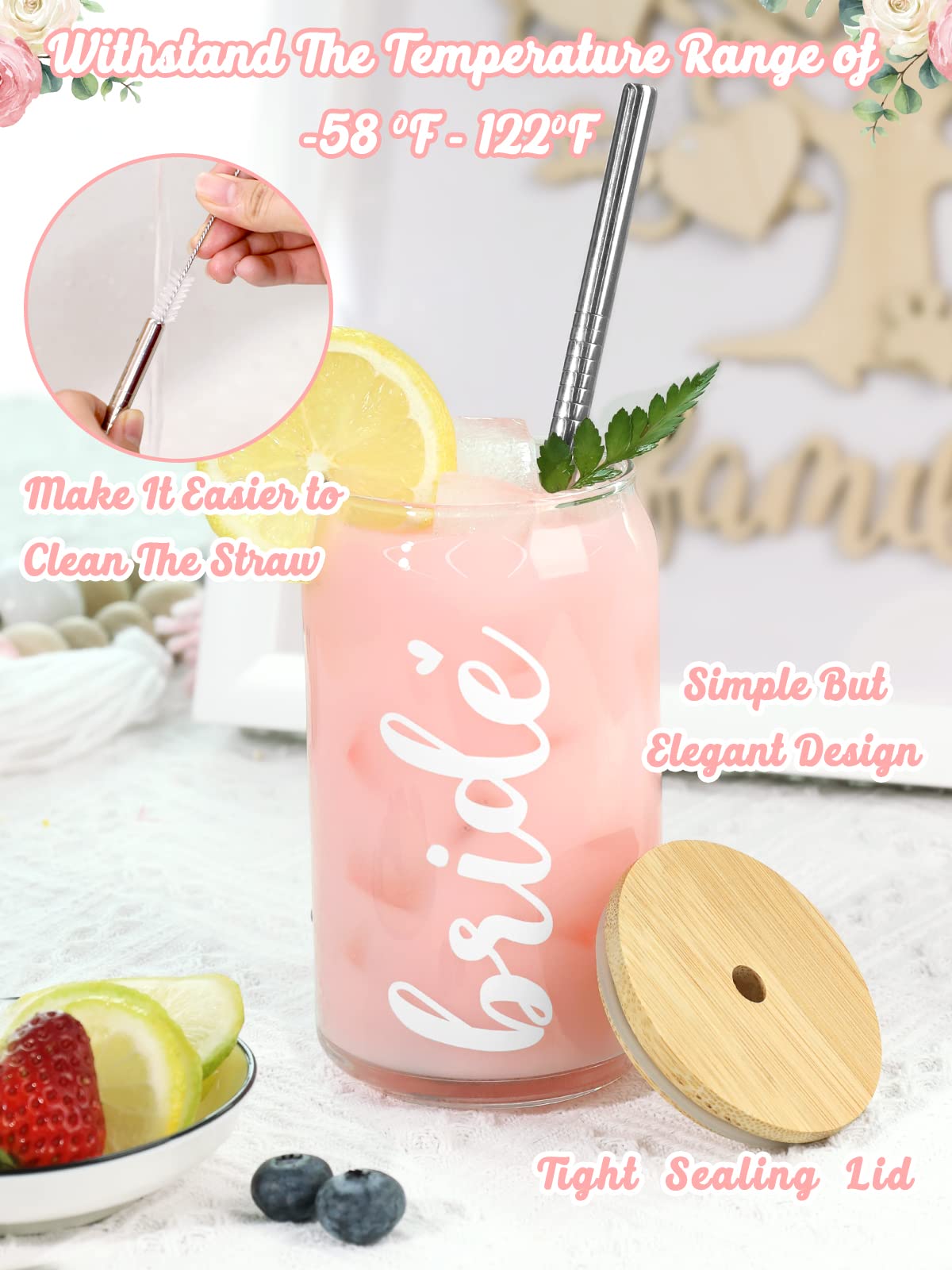 Nefelibata Teacher Appreciation Gifts Beer Can Glass Iced Coffee Glass Cup with Bamboo Lid Metal Straw 16oz Gift Teach Love Inspire Drinking Glasses Scool Staff Smoothie Tumbler Mug for Women Spring