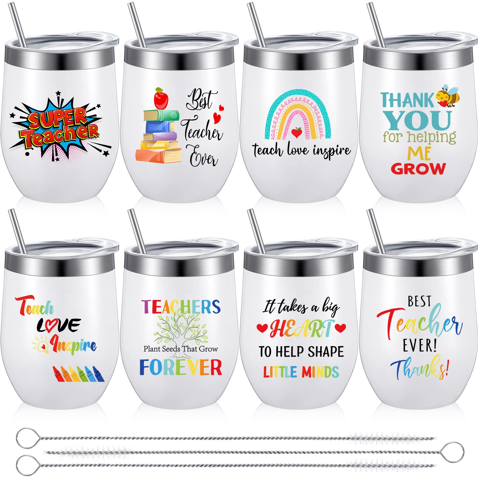 8 Pack Teacher Gifts Teacher Appreciation Gifts 12 oz Teacher Tumbler Bulk Wine Tumbler Stainless Steel Coffee Mug with Lids and Straws Thank You Birthday Gifts for Preschool Kindergarten Teacher