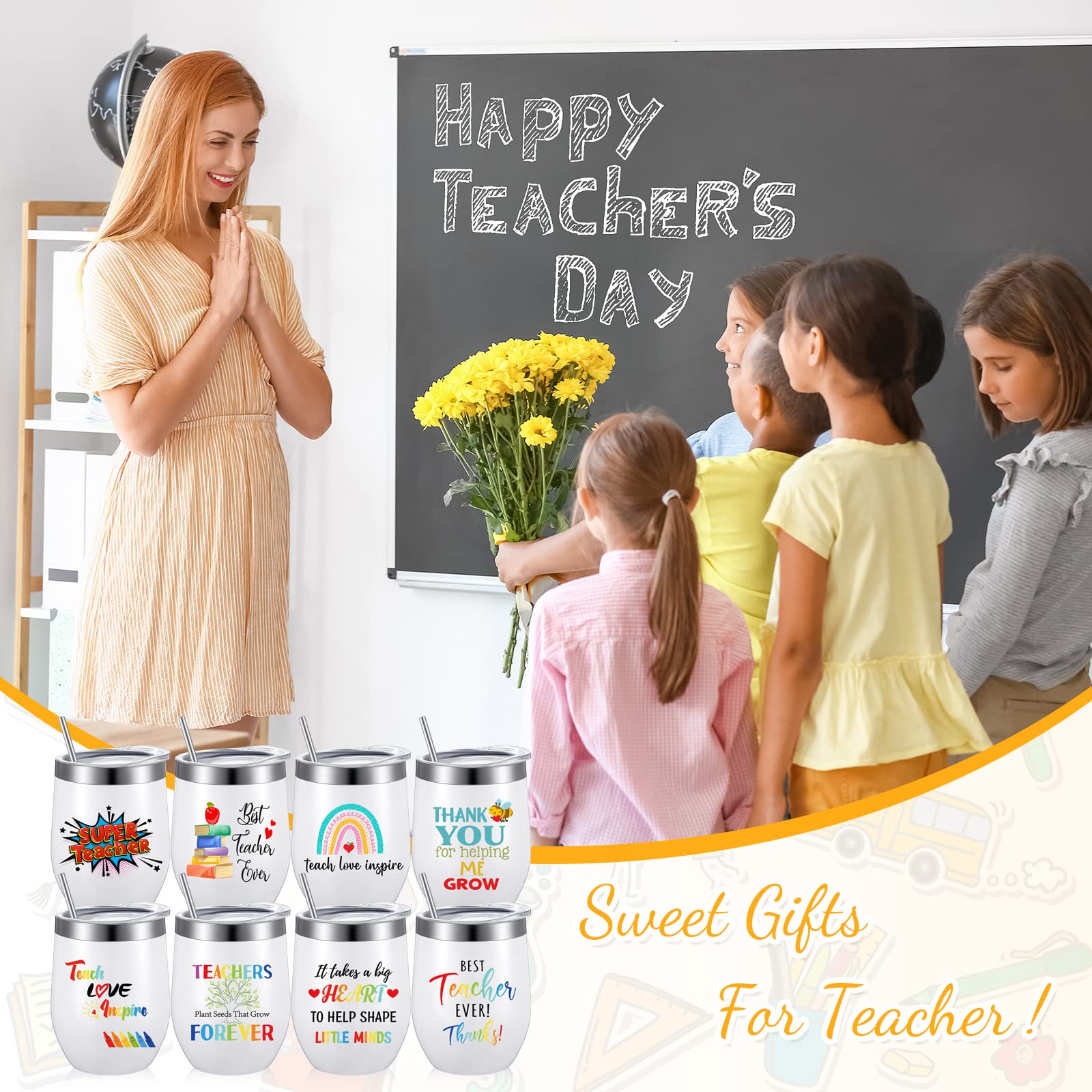 8 Pack Teacher Gifts Teacher Appreciation Gifts 12 oz Teacher Tumbler Bulk Wine Tumbler Stainless Steel Coffee Mug with Lids and Straws Thank You Birthday Gifts for Preschool Kindergarten Teacher