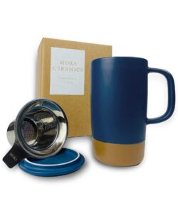 mora ceramics large tea mug with loose leaf infuser and ceramic lid, 18 oz, portable, microwave and dishwasher safe, tall coffee cup - rustic matte ceramic glaze, modern herbal tea strainer, deep blue