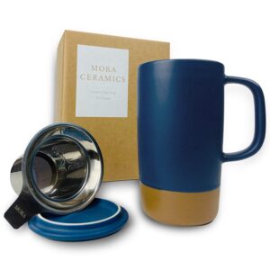 Mora Ceramics Large Tea Mug with Loose Leaf Infuser and Ceramic Lid, 18 oz, Portable, Microwave and Dishwasher Safe, Tall Coffee Cup - Rustic Matte Ceramic Glaze, Modern Herbal Tea Strainer, Deep Blue