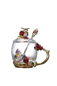 guon-wuvl flower teacup transparent glass teacup, (with spoon + lid), fancy tea cups, flower tea cup,tea cup gift, gifts for women,mother's day present，gift box. (rose red short cup)