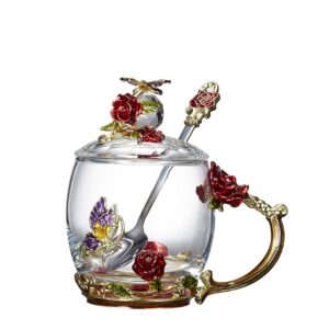 Guon-Wuvl Flower Teacup Transparent Glass Teacup, (With Spoon + Lid), Fancy Tea Cups, Flower Tea Cup,Tea Cup Gift, Gifts for Women,Mother's Day Present，Gift Box. (Rose Red Short Cup)