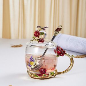 Guon-Wuvl Flower Teacup Transparent Glass Teacup, (With Spoon + Lid), Fancy Tea Cups, Flower Tea Cup,Tea Cup Gift, Gifts for Women,Mother's Day Present，Gift Box. (Rose Red Short Cup)