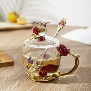 Guon-Wuvl Flower Teacup Transparent Glass Teacup, (With Spoon + Lid), Fancy Tea Cups, Flower Tea Cup,Tea Cup Gift, Gifts for Women,Mother's Day Present，Gift Box. (Rose Red Short Cup)