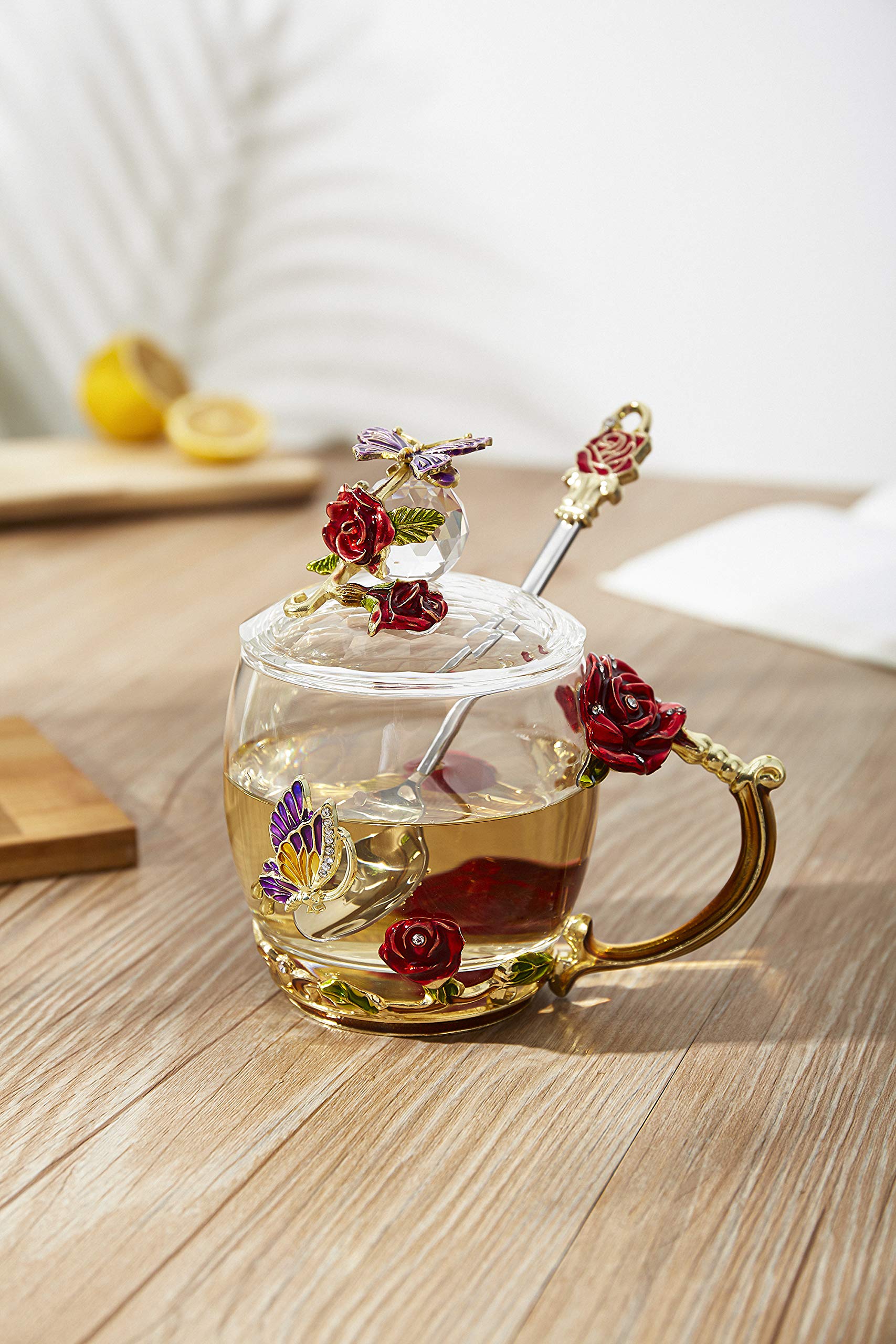 Guon-Wuvl Flower Teacup Transparent Glass Teacup, (With Spoon + Lid), Fancy Tea Cups, Flower Tea Cup,Tea Cup Gift, Gifts for Women,Mother's Day Present，Gift Box. (Rose Red Short Cup)