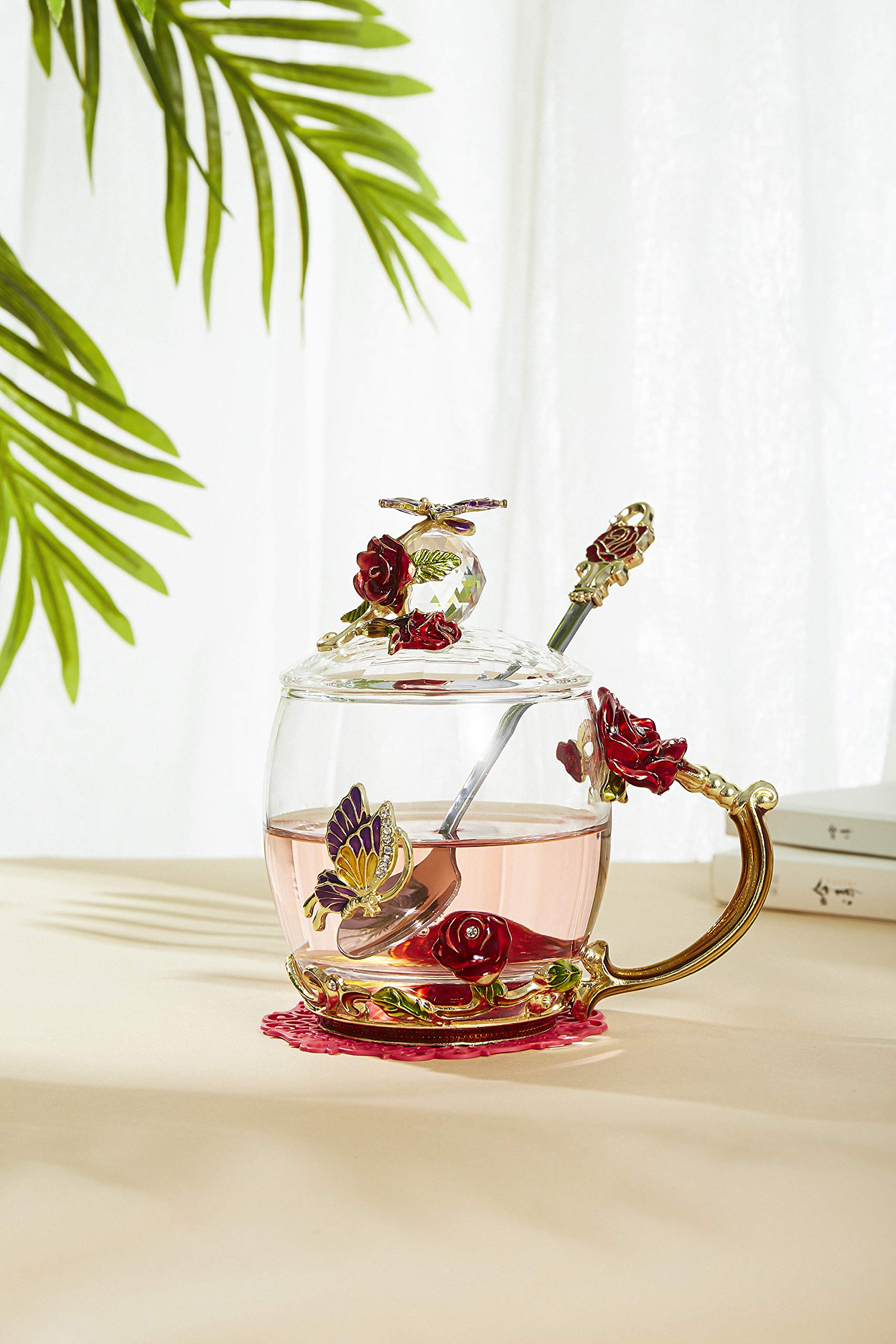 Guon-Wuvl Flower Teacup Transparent Glass Teacup, (With Spoon + Lid), Fancy Tea Cups, Flower Tea Cup,Tea Cup Gift, Gifts for Women,Mother's Day Present，Gift Box. (Rose Red Short Cup)